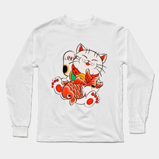 gato estilo japones con un pez Long Sleeve T-Shirt